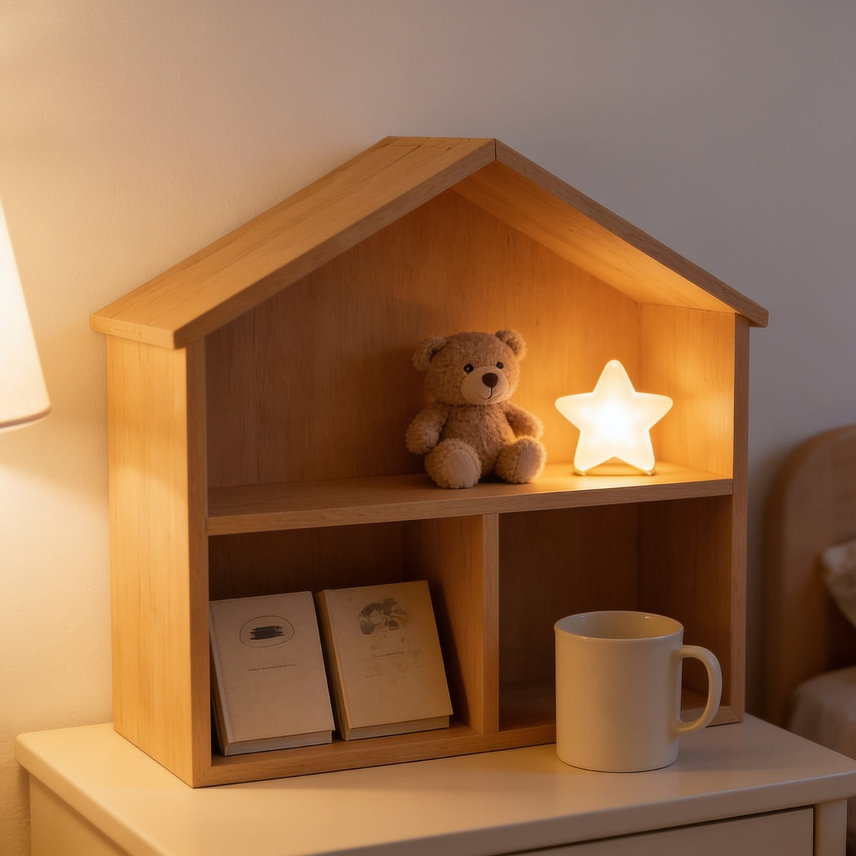 Large natural wood house shelf on a child's nightstand holding books, a plush bear and a star nightlight.
