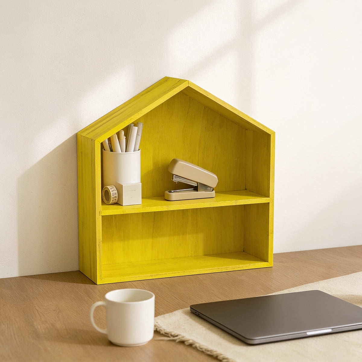 Large yellow house-shaped desk shelf on a home-office desk.