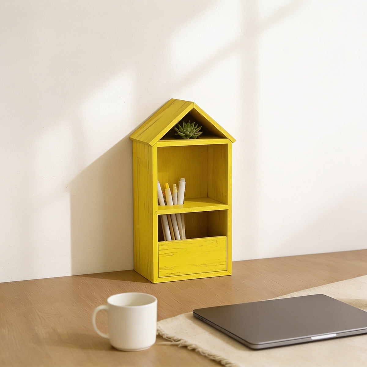 Medium yellow house-shaped desk shelf on a home-office desk.