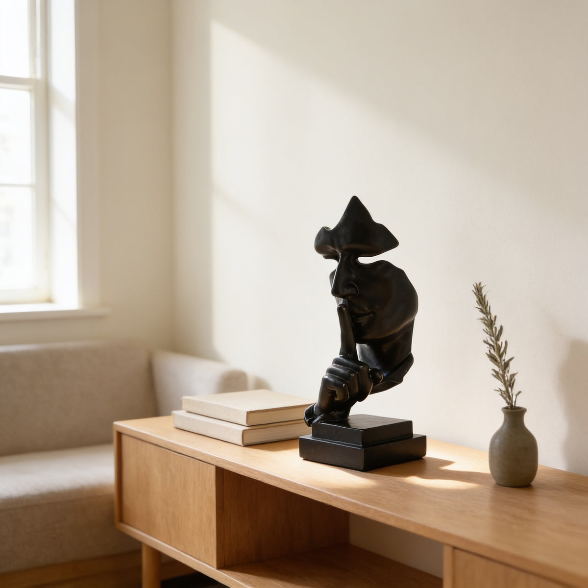 Black silence thinker statue on an oak console — Silence Is Golden Thinker Statue