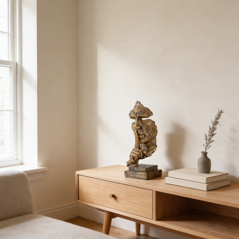 Antique gold silence thinker statue on an oak console beside stacked books — Silence Is Golden Thinker Statue