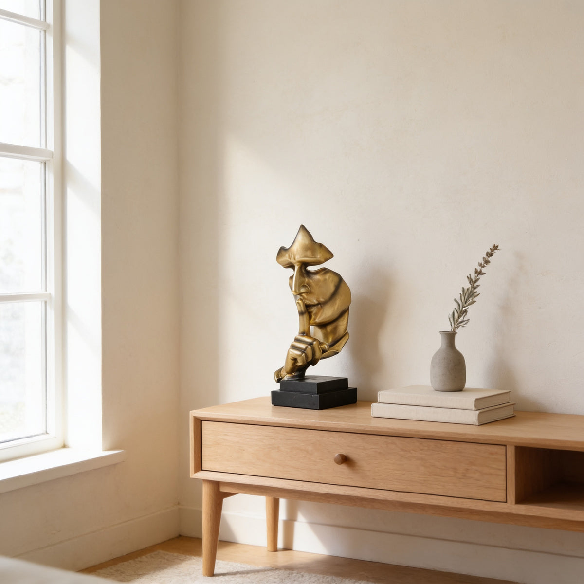 Polished gold silence thinker statue on an oak console — Silence Is Golden Thinker Statue