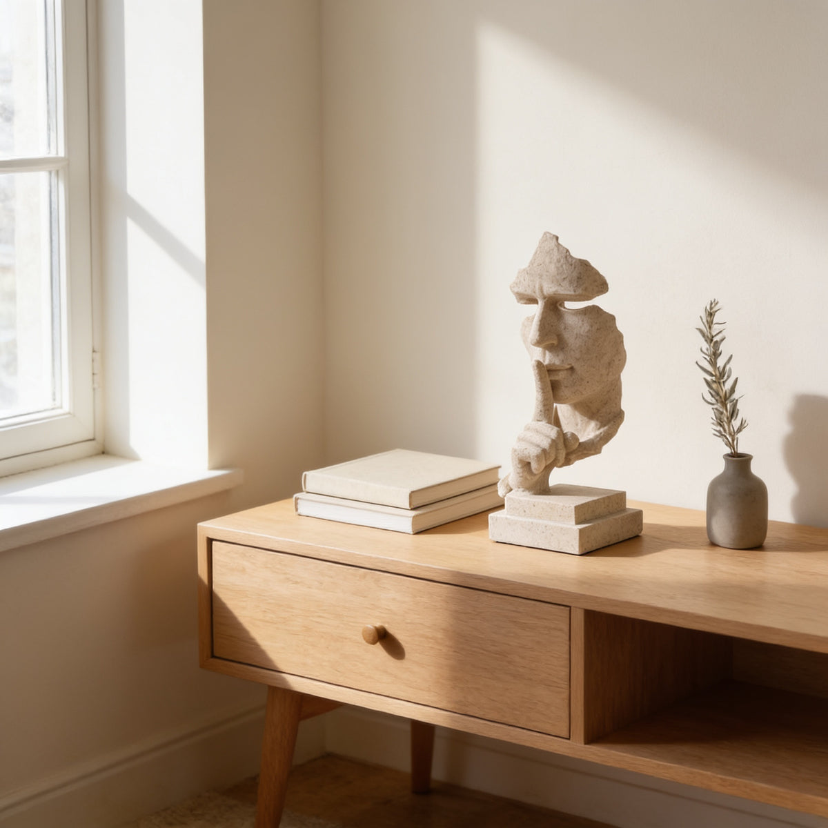 Sandstone silence thinker statue on an oak console — Silence Is Golden Thinker Statue