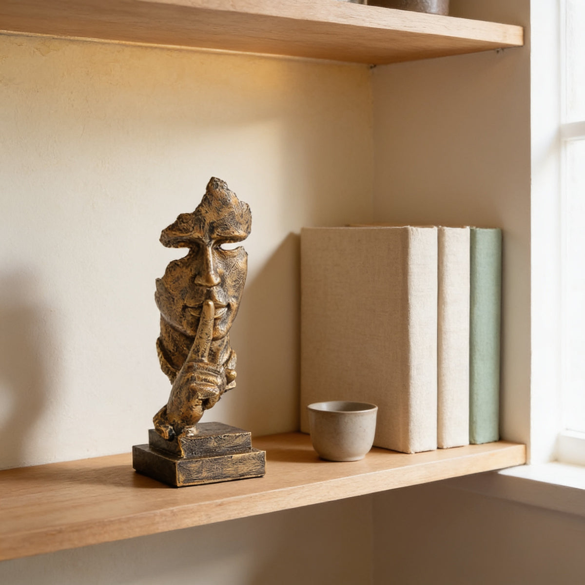 Antique gold thinker statue on an oak bookshelf beside books — Silence Is Golden Thinker Statue
