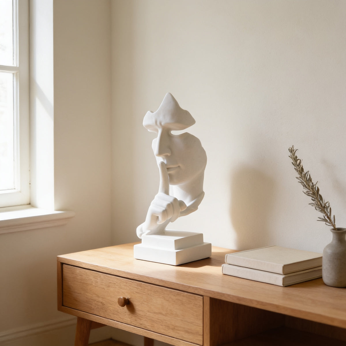 White silence thinker statue on an oak console — Silence Is Golden Thinker Statue