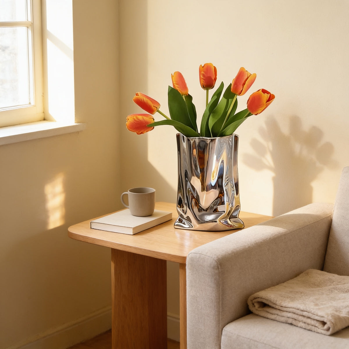 Mirror silver crinkle paper-bag vase with tulips on an oak side table beside a linen sofa — Silver Crinkle Paper-Bag Vase