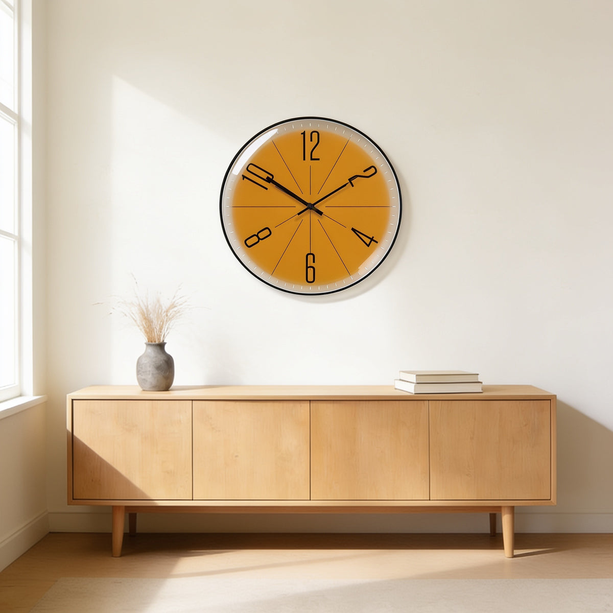 Amber bold numeral wall clock with a slim black frame above an oak sideboard