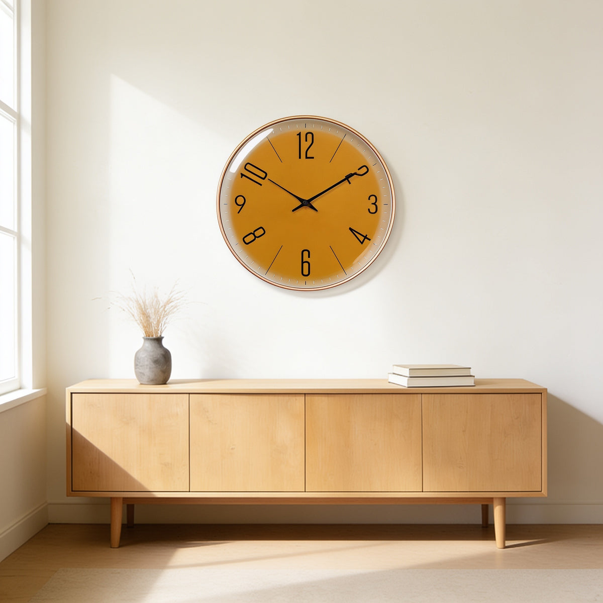 Amber bold numeral wall clock with a slim gold frame above an oak sideboard