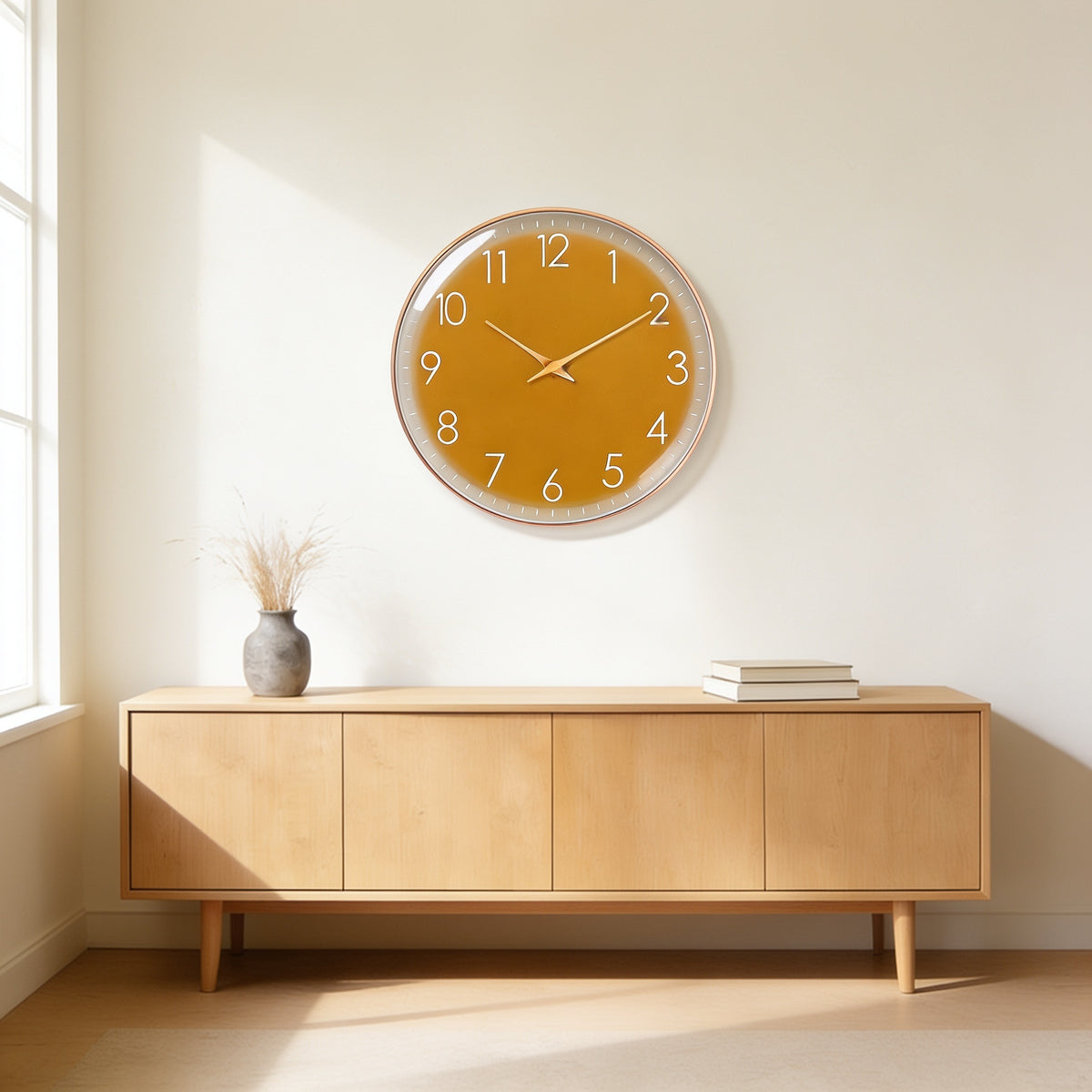 Mustard dial wall clock with a slim gold frame above an oak sideboard