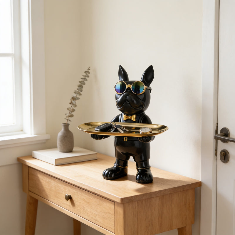 Black standing French bulldog butler statue holding a tray on an entryway console