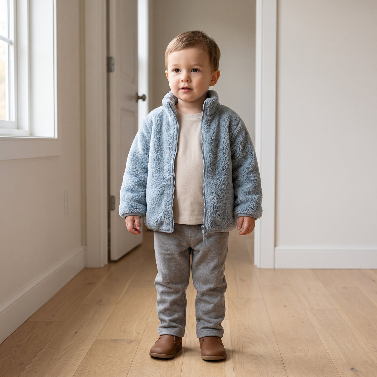 Toddler wearing the dusty blue plush fleece jacket in a home hallway