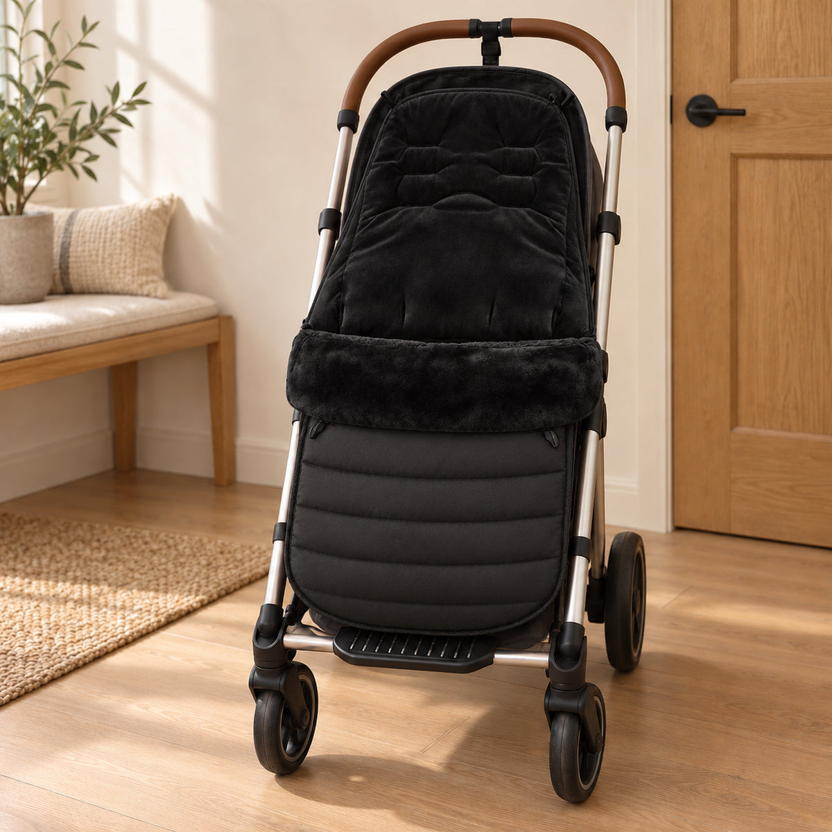Black stroller footmuff with a faux-fur cuff on an empty stroller in a warm entryway