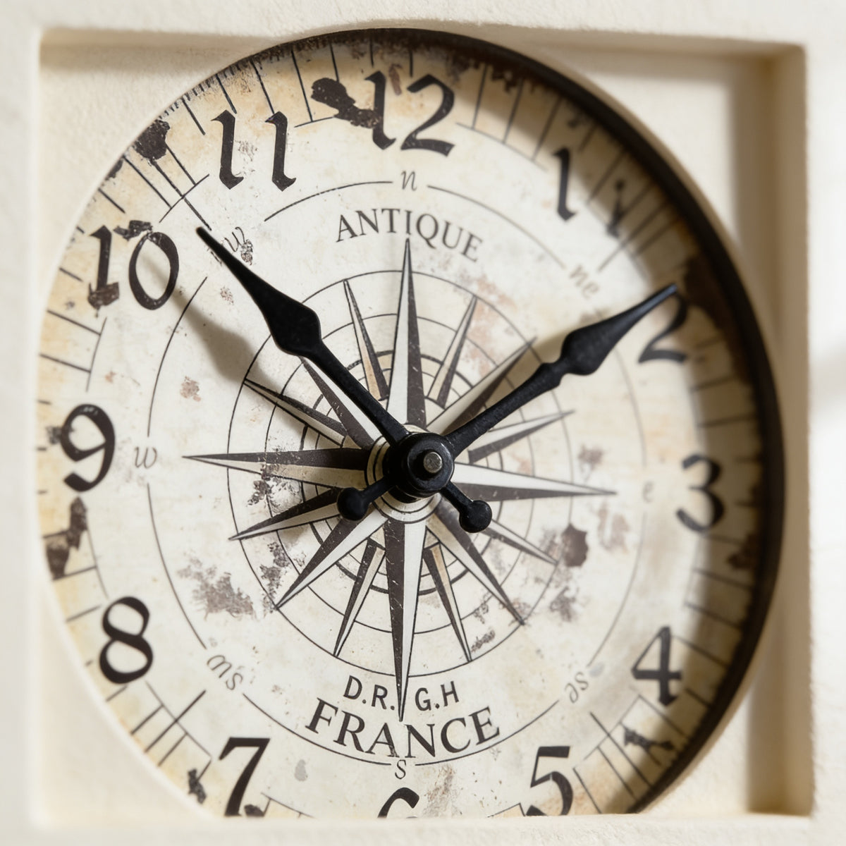 Close-up of the compass-rose dial and hands on the vintage wall clock