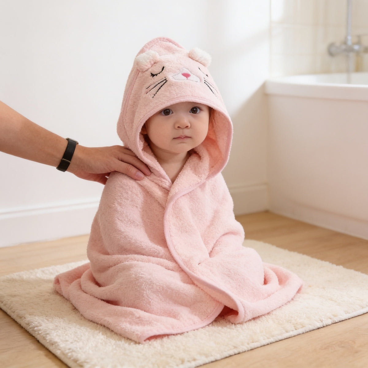 Toddler sitting on a bath mat wrapped in the pink hooded towel with a parent's hand on her shoulder.