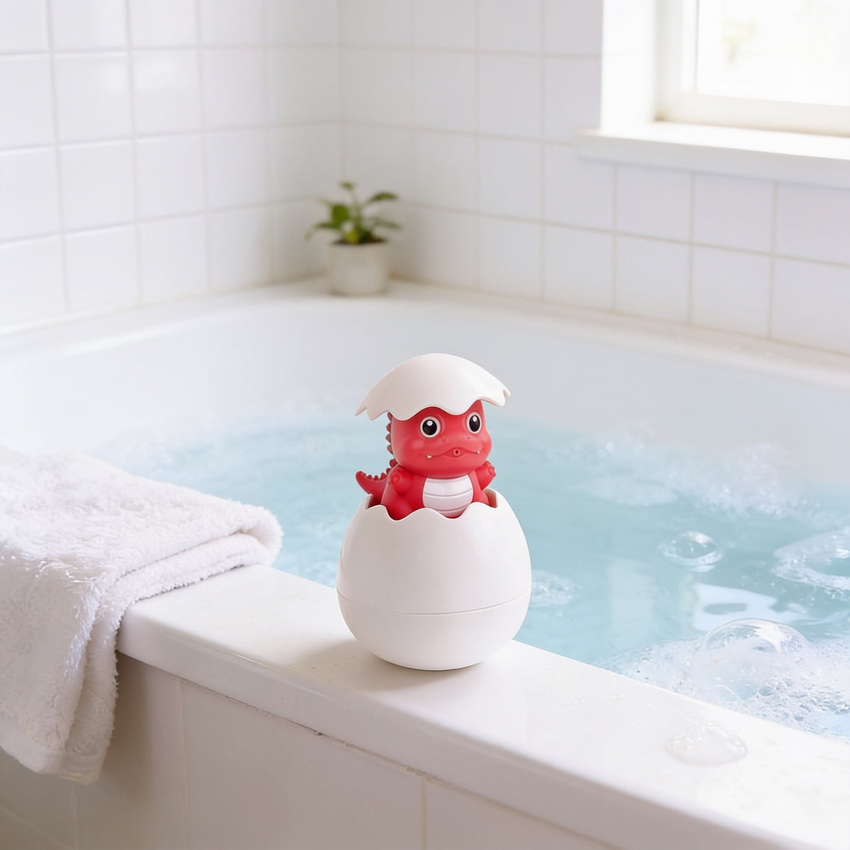 Hatching Egg, Red Dinosaur toddler bath toy in a bright bathtub.