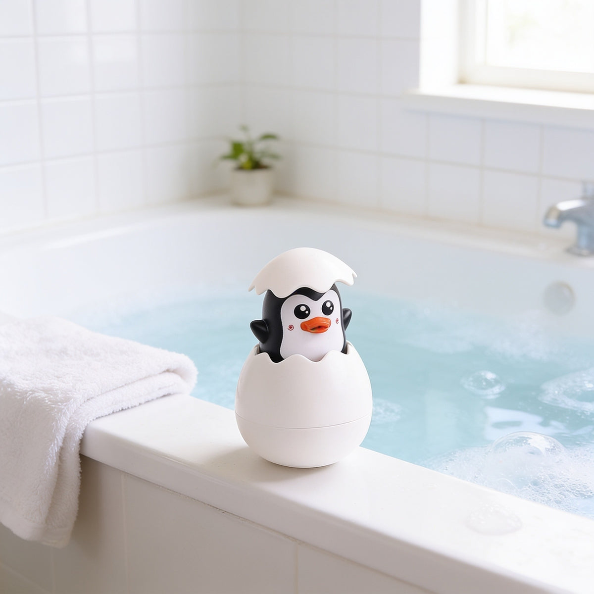 Hatching Egg, Penguin toddler bath toy in a bright bathtub.