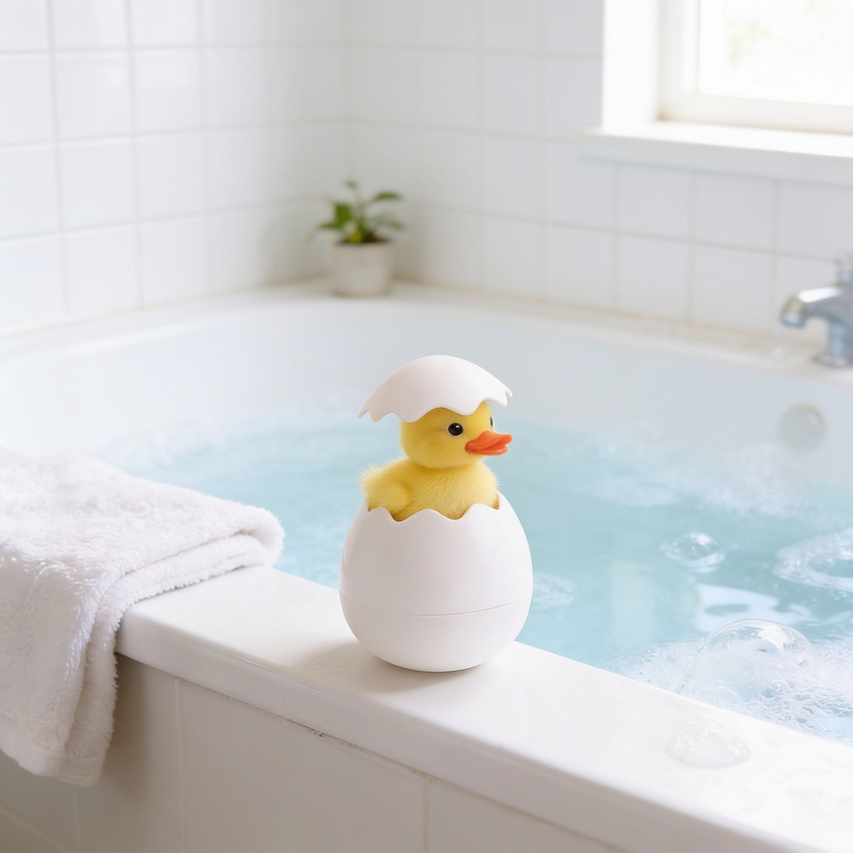 Hatching Egg, Yellow Duckling toddler bath toy in a bright bathtub.