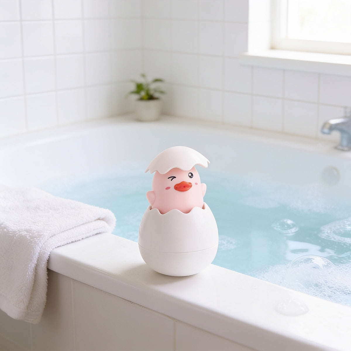 Hatching Egg, Pink Duck toddler bath toy in a bright bathtub.