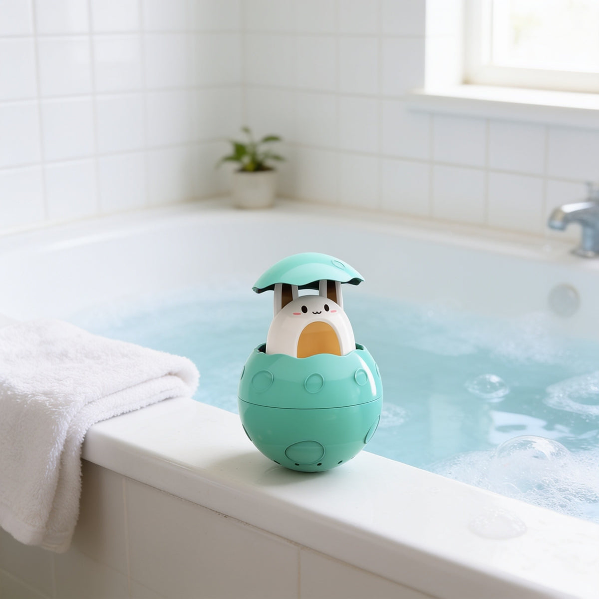 Rabbit Capsule, Green toddler bath toy in a bright bathtub.