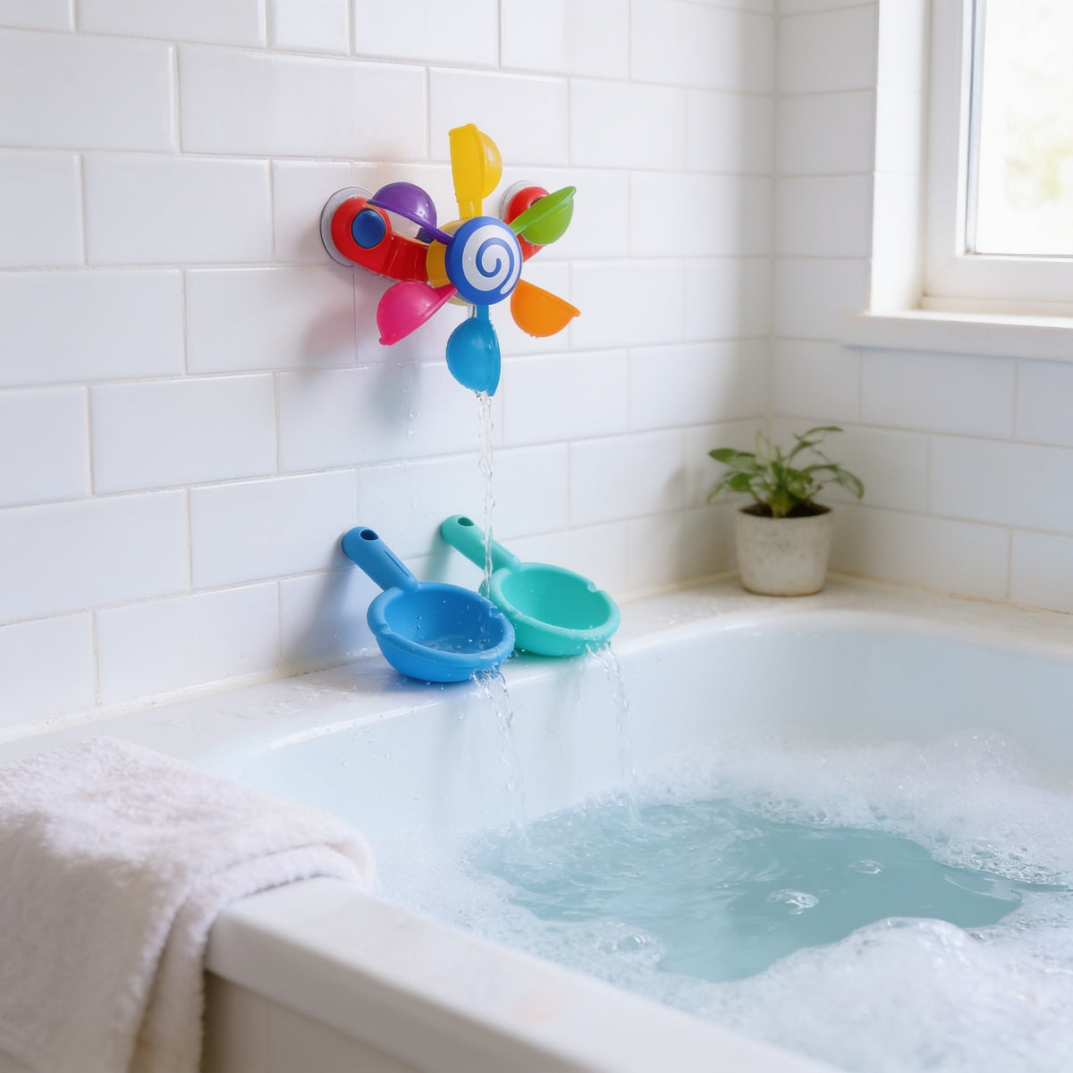 Windmill & 2 Scoops toddler bath toy in a bright bathtub.