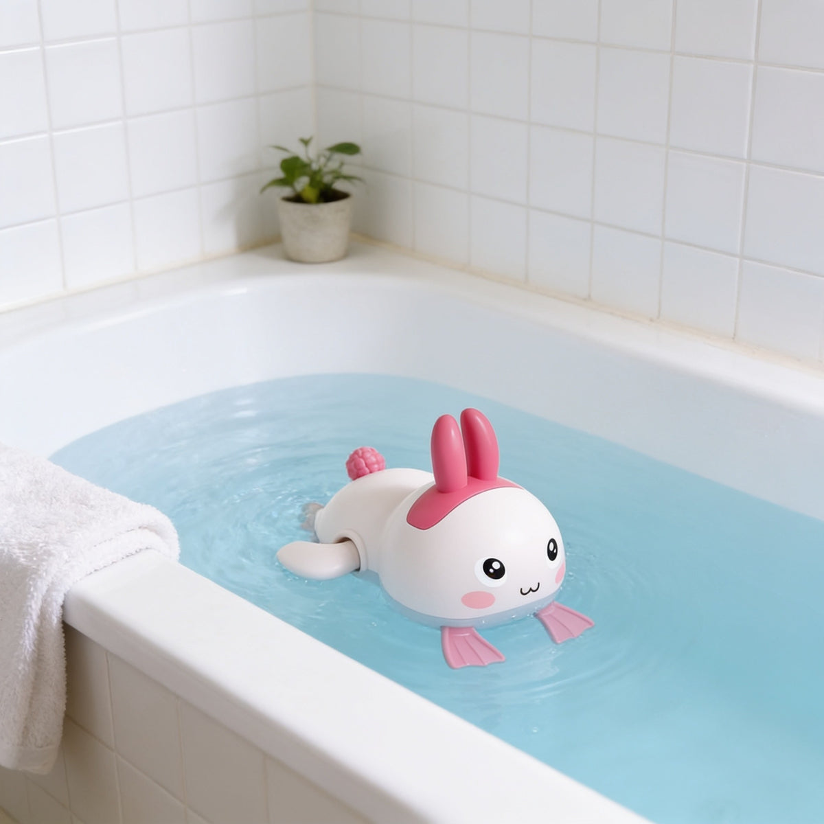 Wind-Up Swimmer, Rabbit toddler bath toy in a bright bathtub.