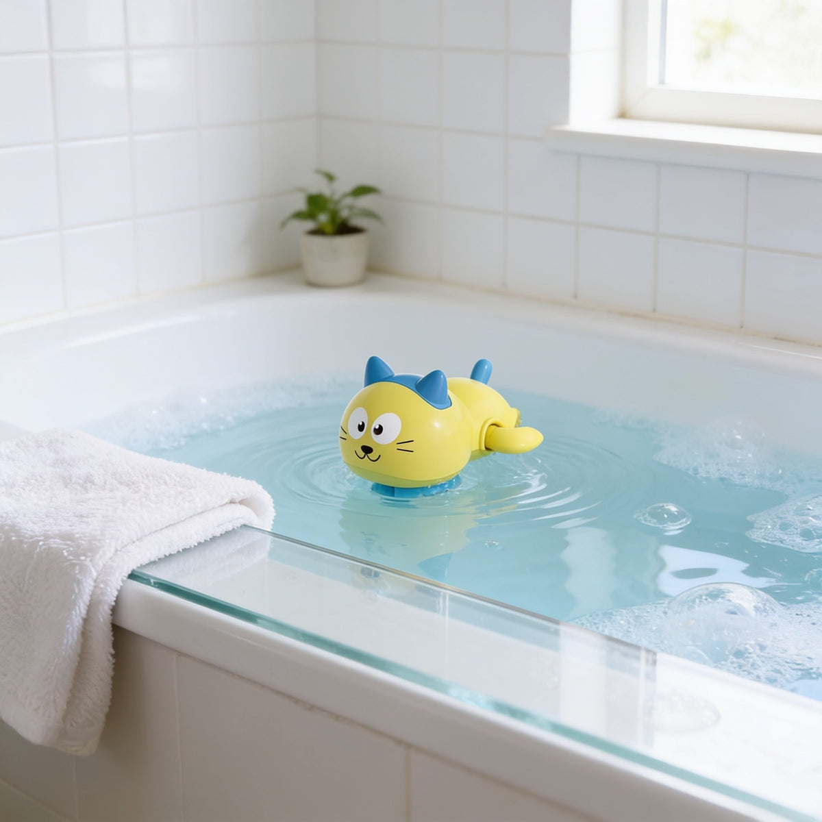Wind-Up Swimmer, Cat toddler bath toy in a bright bathtub.