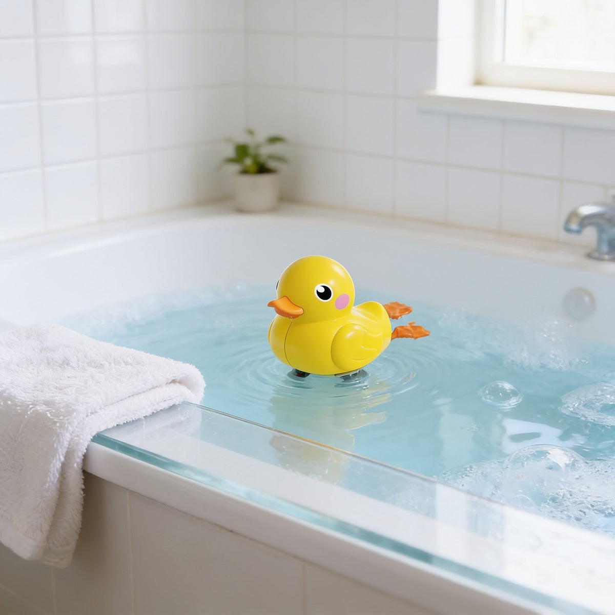 Wind-Up Swimmer, Big Yellow Duck toddler bath toy in a bright bathtub.