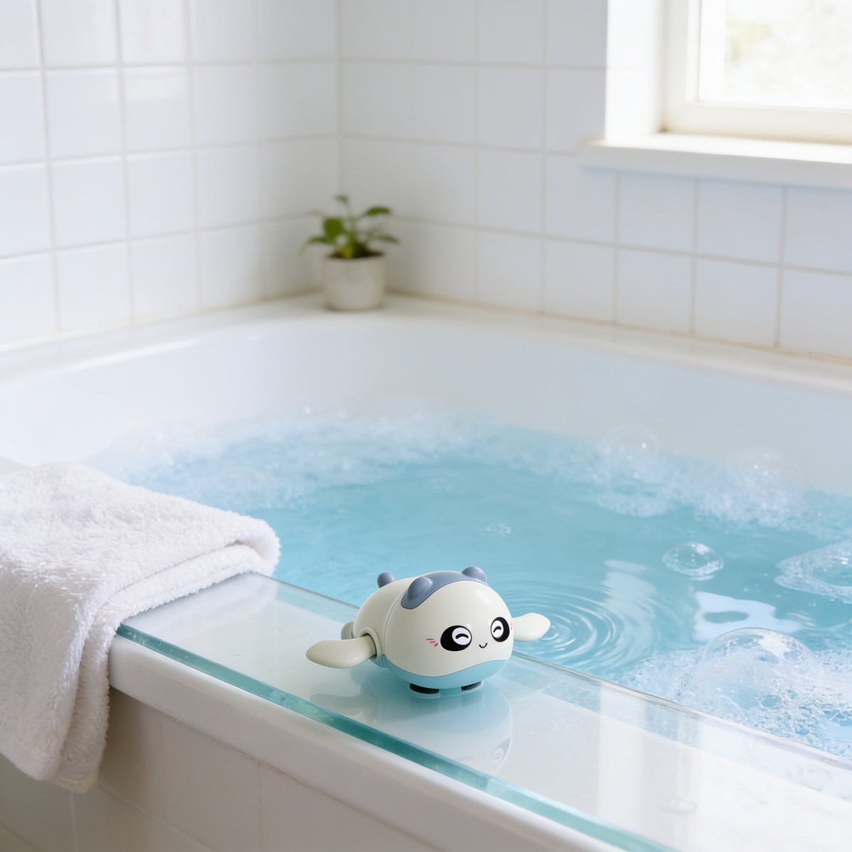 Wind-Up Swimmer, Bear toddler bath toy in a bright bathtub.