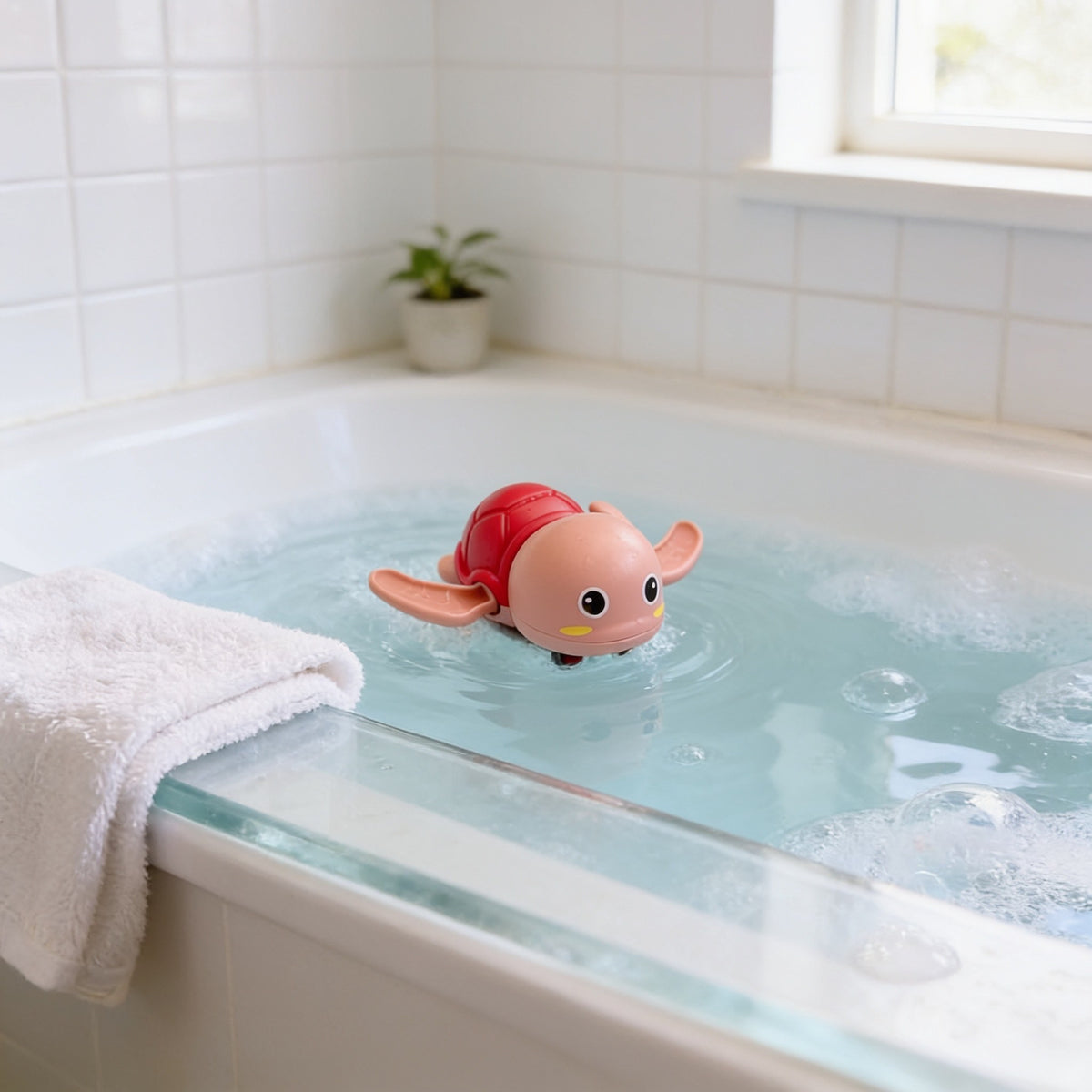 Wind-Up Tortoise, Pink toddler bath toy in a bright bathtub.