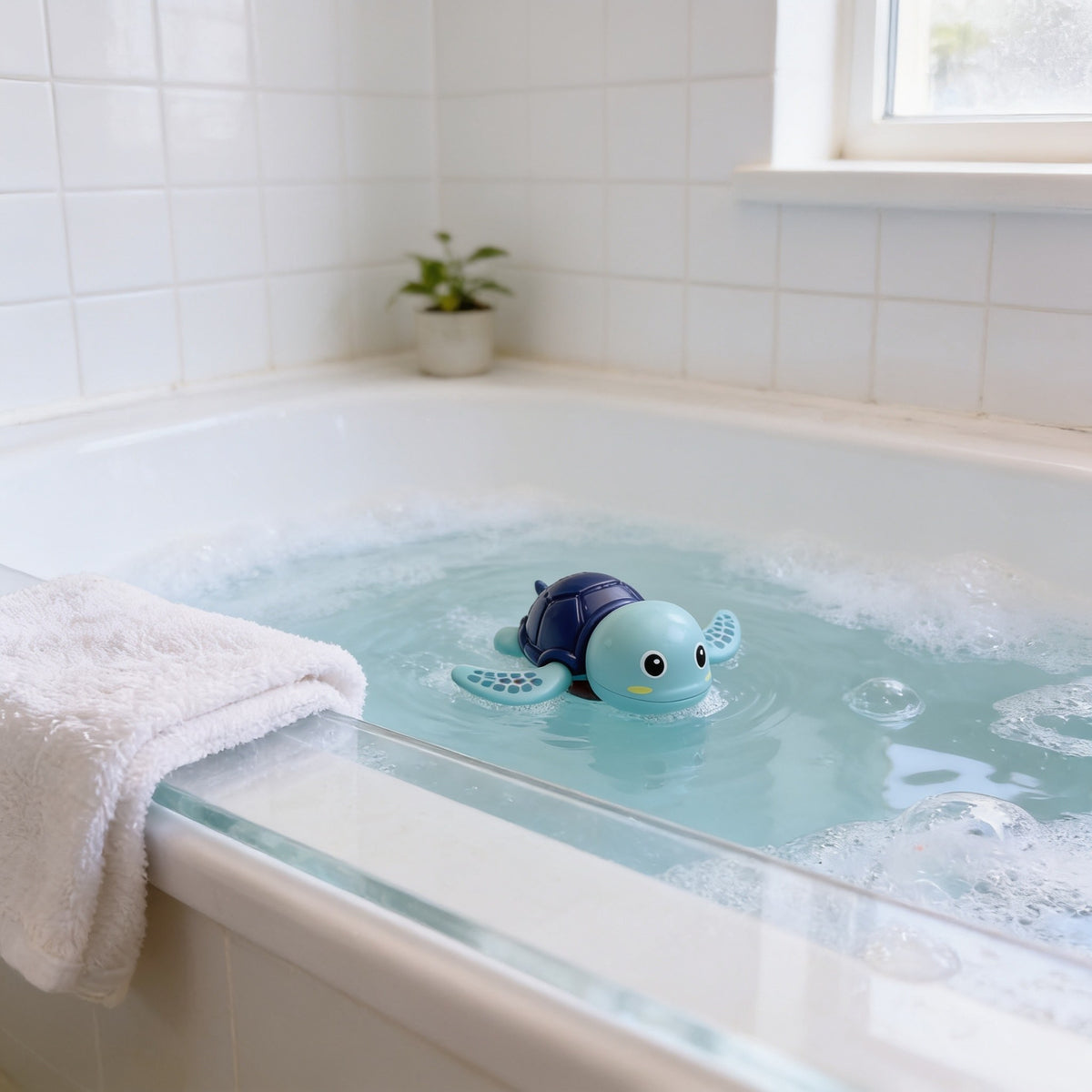 Wind-Up Tortoise, Blue toddler bath toy in a bright bathtub.