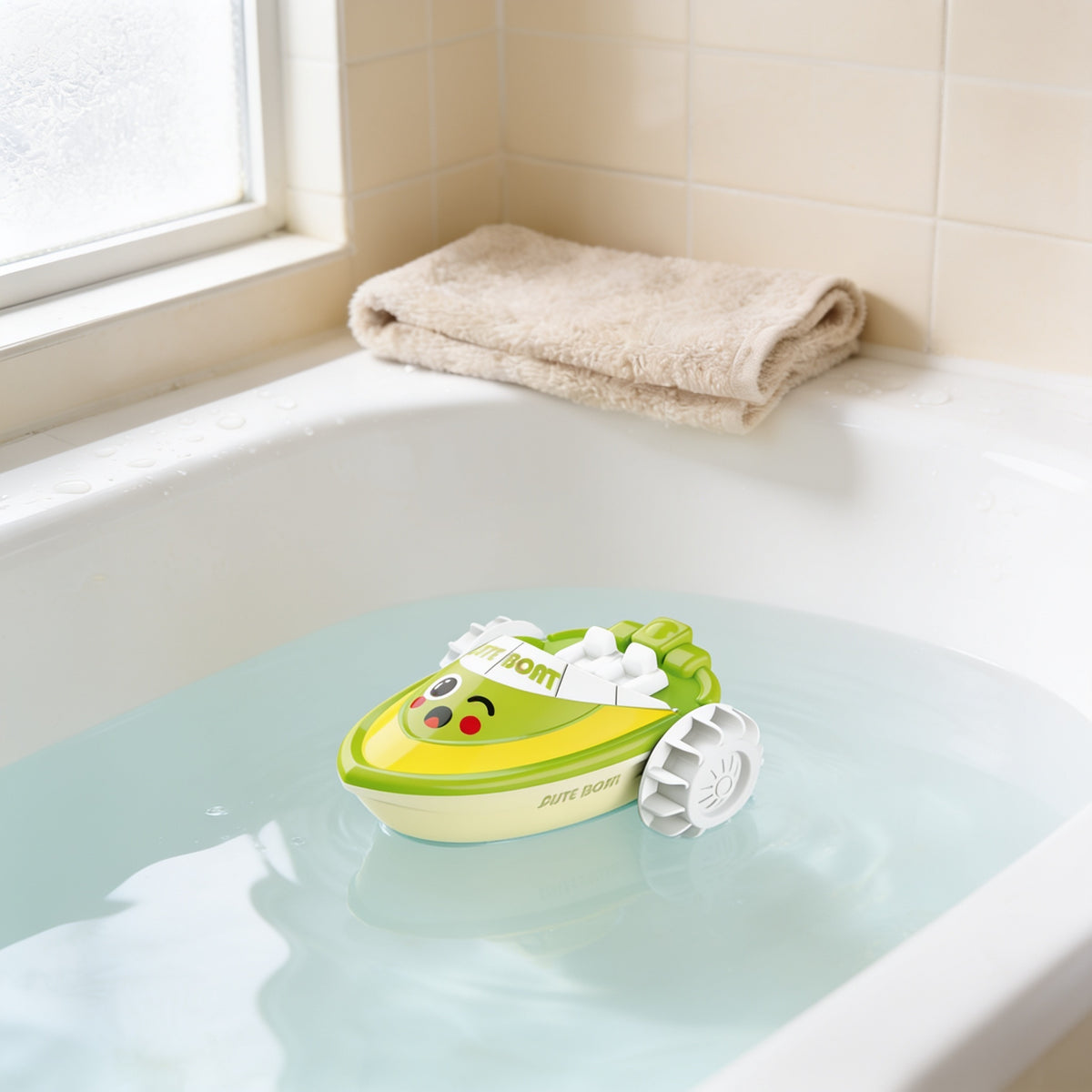 Green wind-up boat bath toy with its paddle wheel floating on clear water in a white bathtub