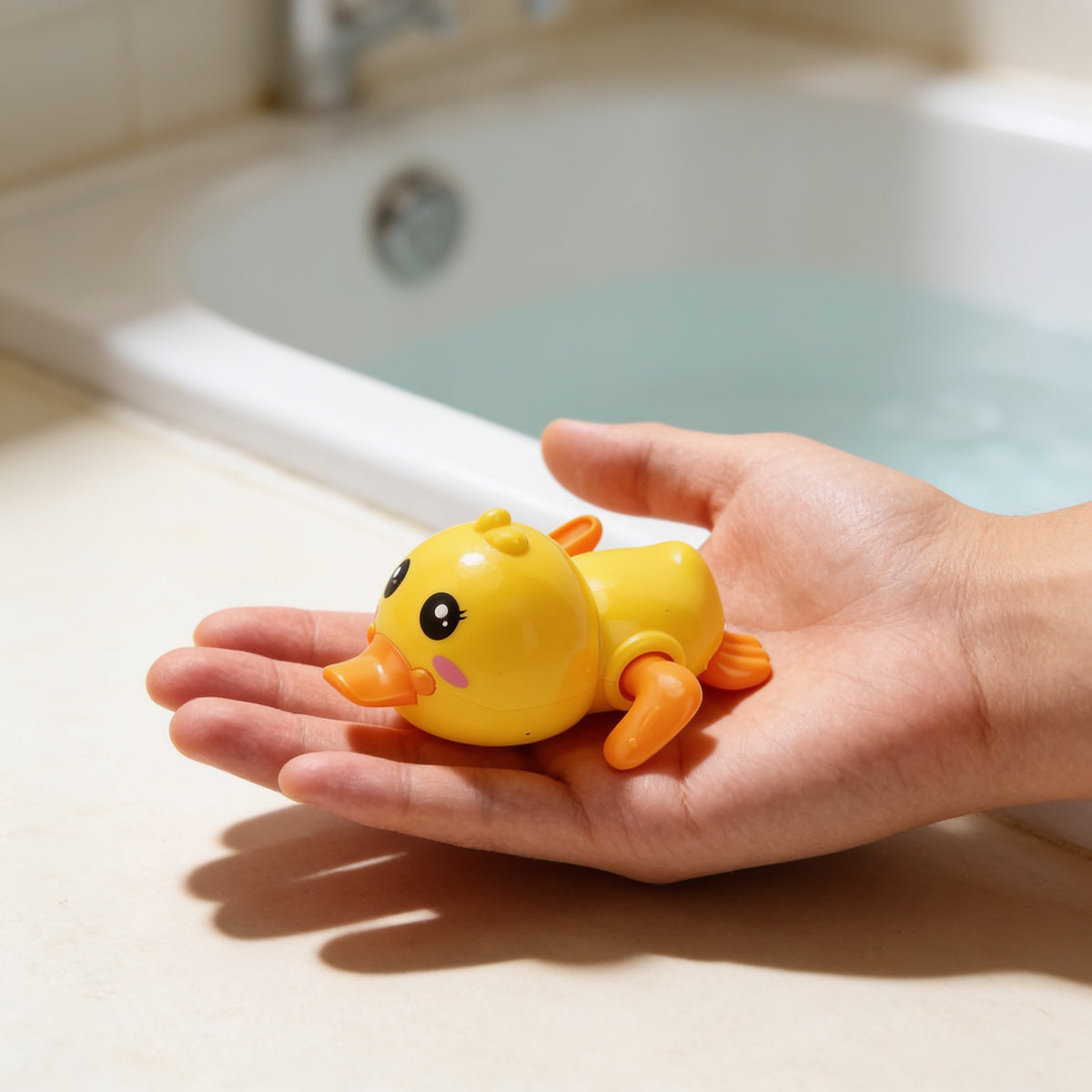 Yellow wind-up duck bath toy resting in an adult palm, showing its 10.5 cm length