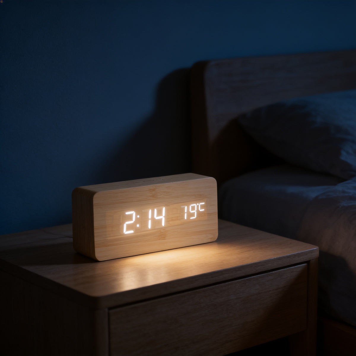 Bamboo LED digital alarm clock dimmed low on a bedside table at night