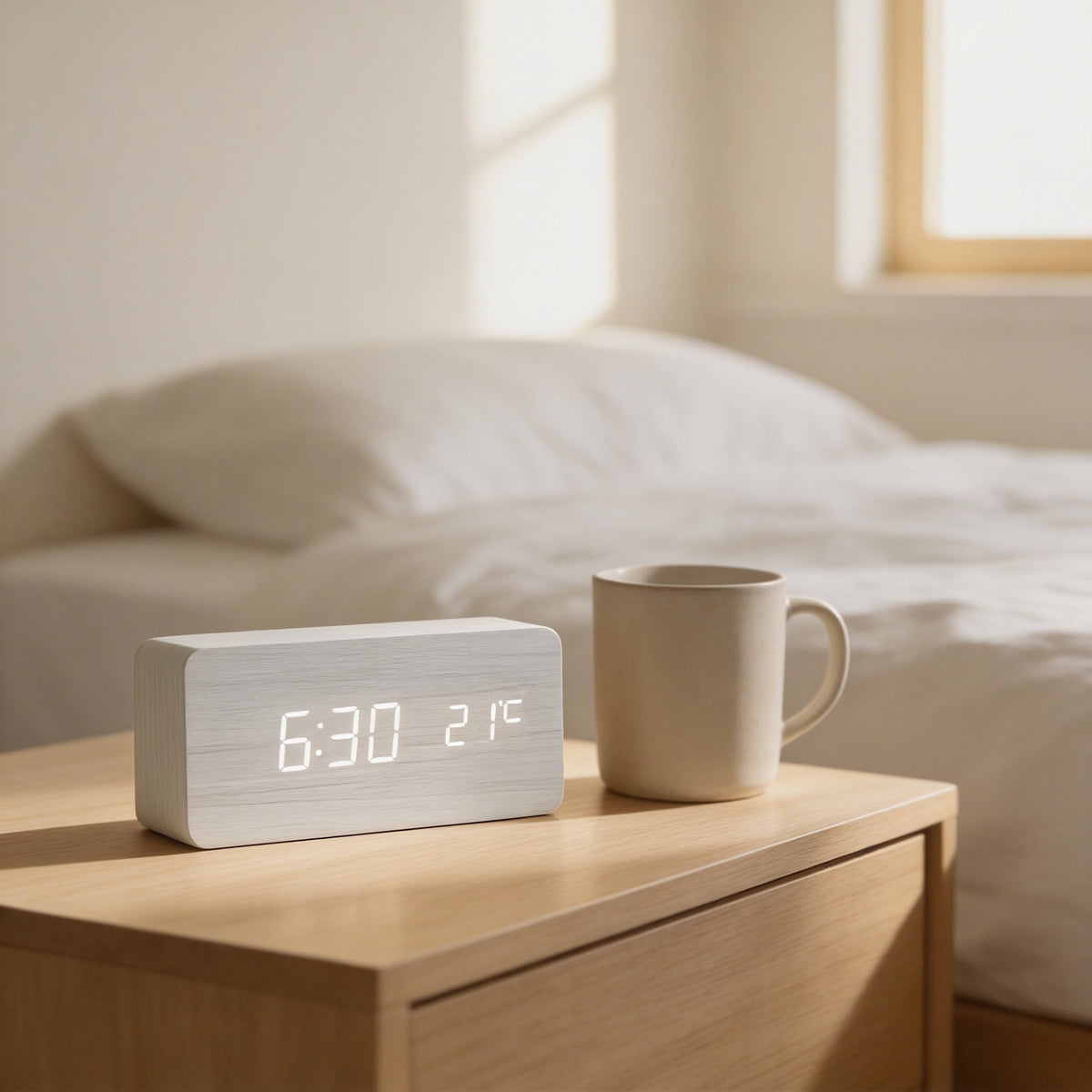 White LED digital alarm clock with white digits on a bedside table