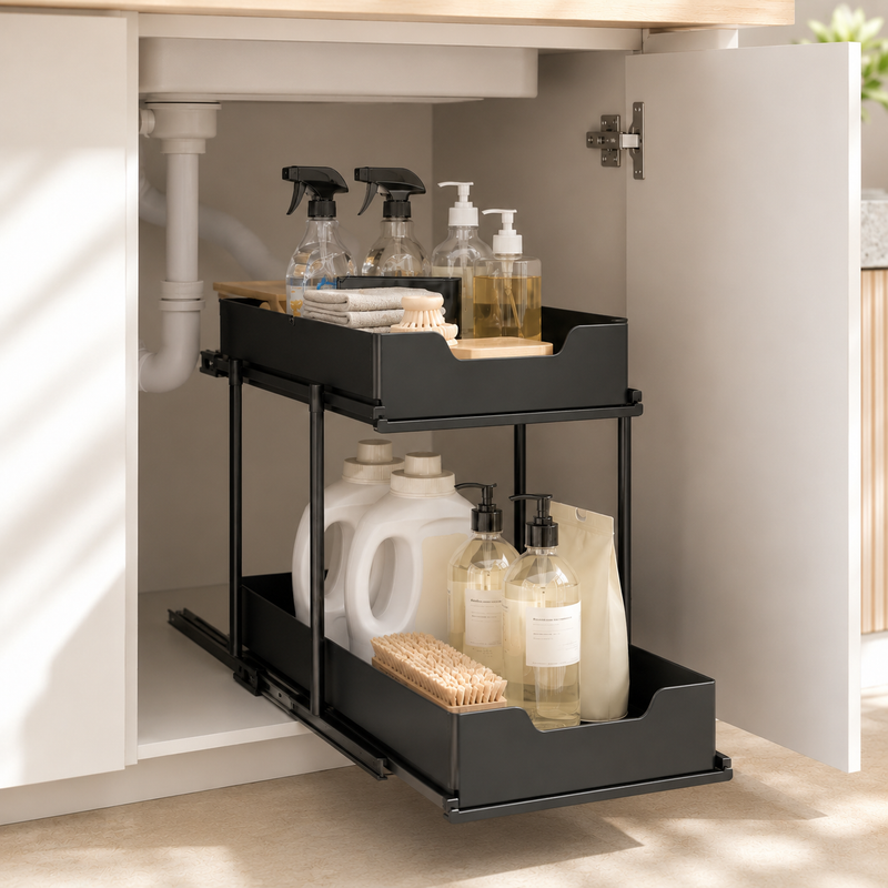 Black 2-tier pull-out under-sink drawer sliding out with cleaning sprays, soaps, and brushes inside a cabinet