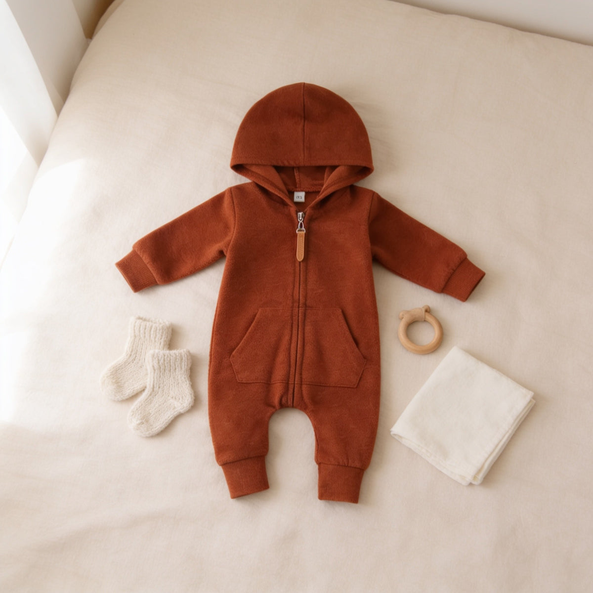Rust Brown zip-up hooded baby romper laid flat on a linen bedspread.