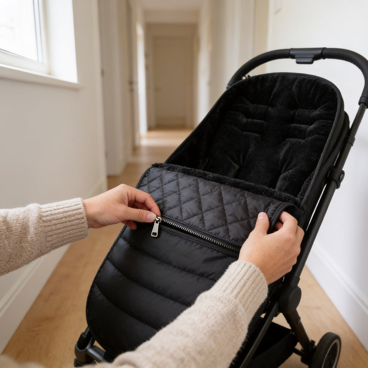 Hands zipping the front panel of the black bunting bag fitted in an empty pushchair.