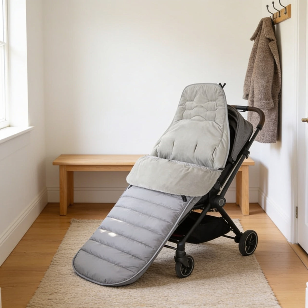 Gray fleece-lined bunting bag in an empty pushchair.
