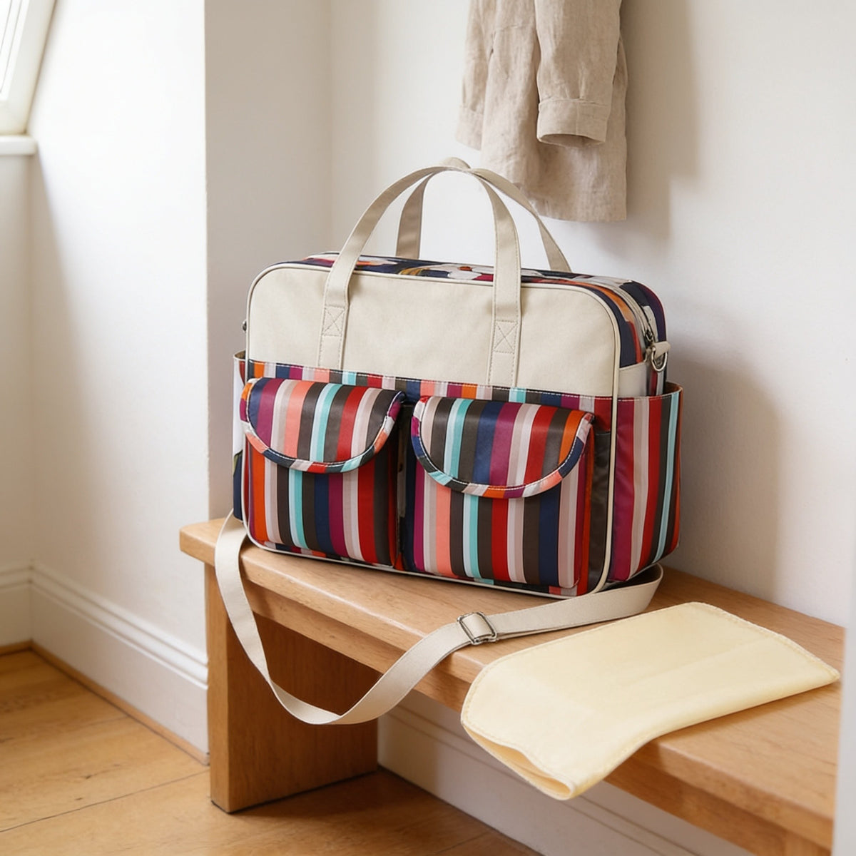 Multicolor stripe print diaper tote bag on a light oak hallway bench, its changing mat folded beside it.
