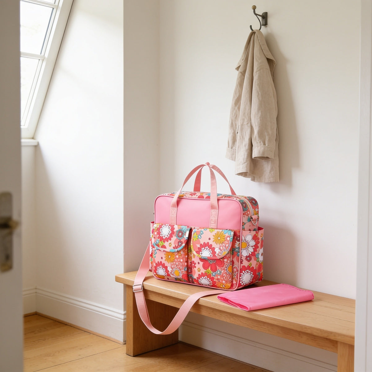 Pink daisy print diaper tote bag on a light oak hallway bench, its changing mat folded beside it.