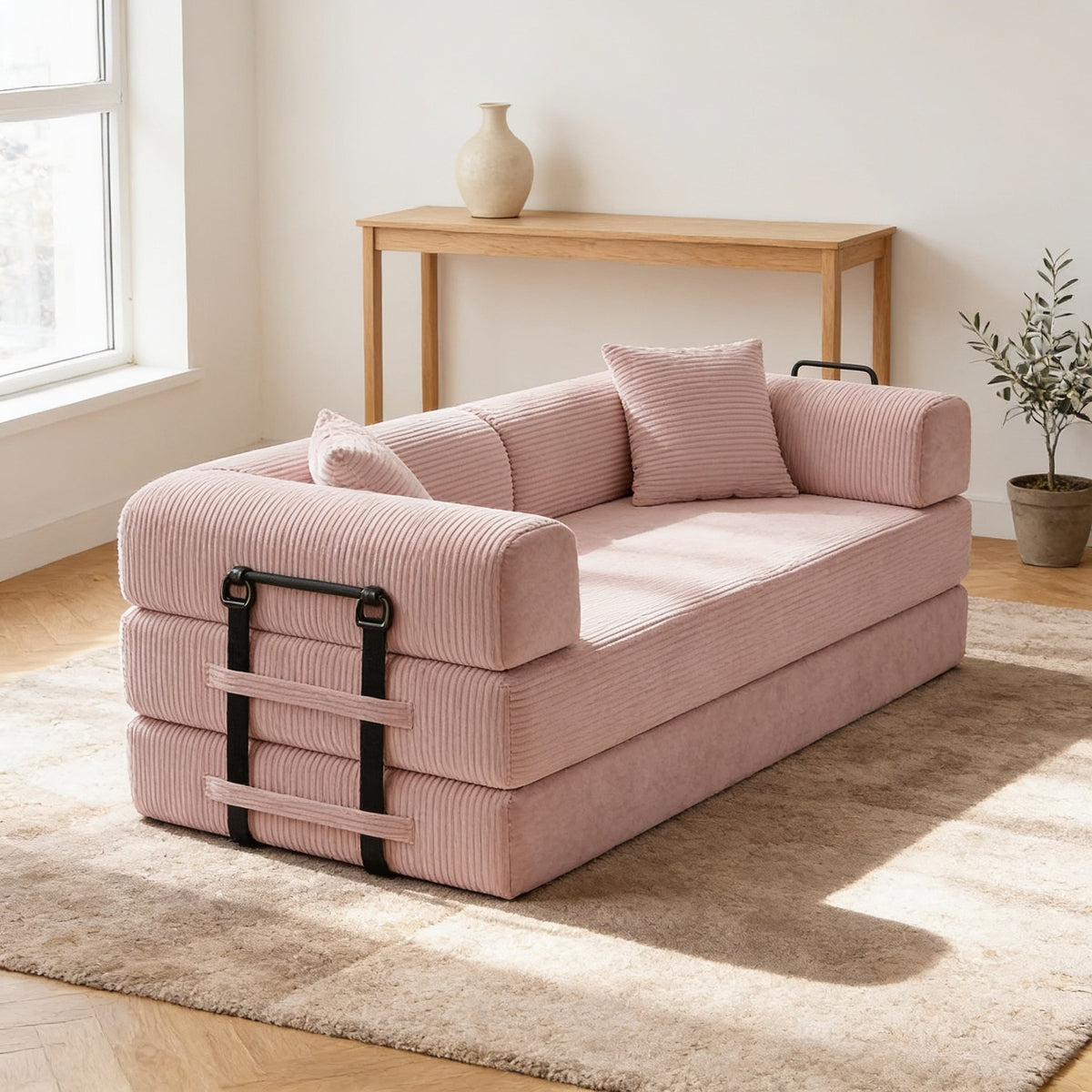 Blush pink corduroy convertible sofa bed in sofa mode in a warm living room.