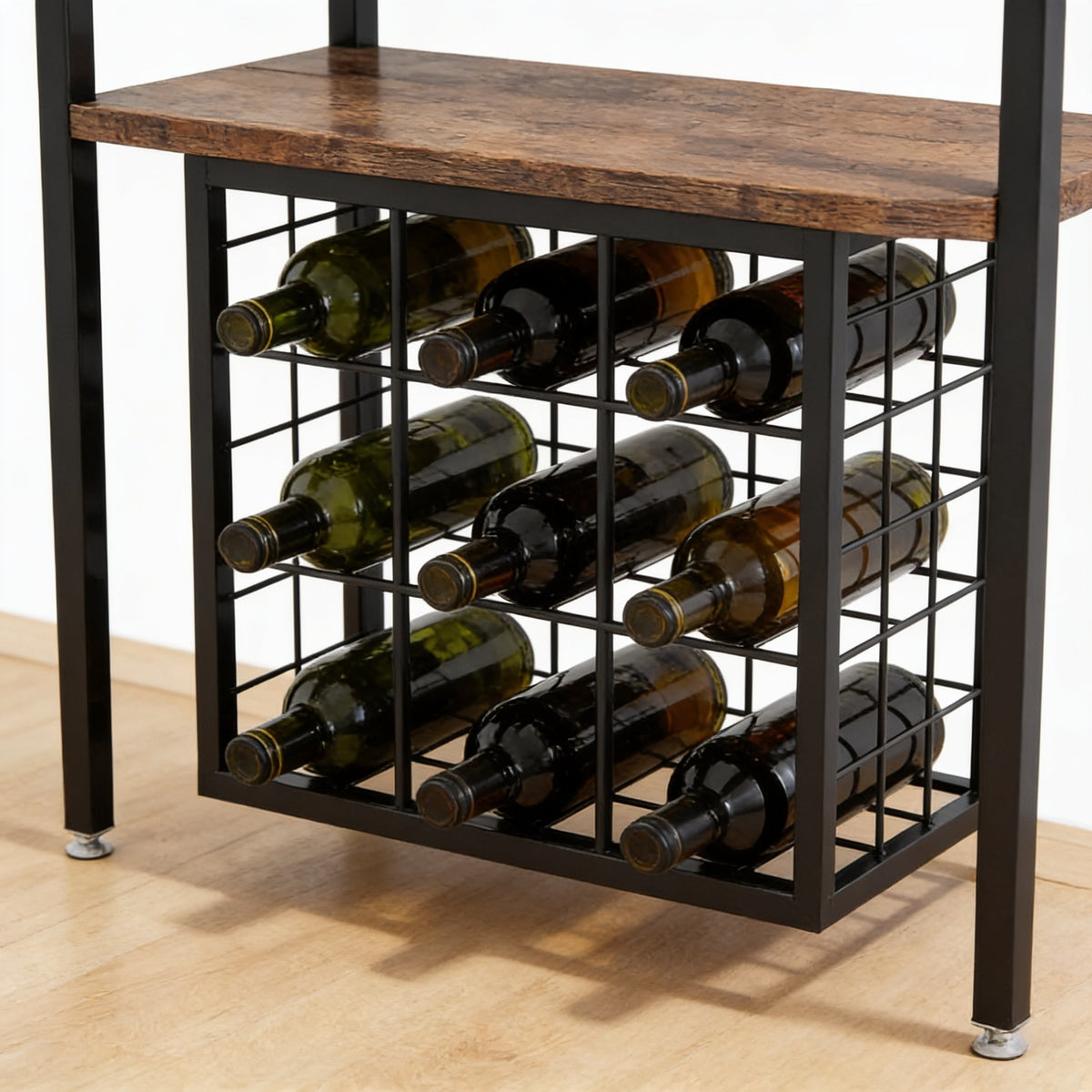Close view of the black steel bottle grid holding wine bottles on their sides with the necks facing out, twelve centimetres clear of the floor.