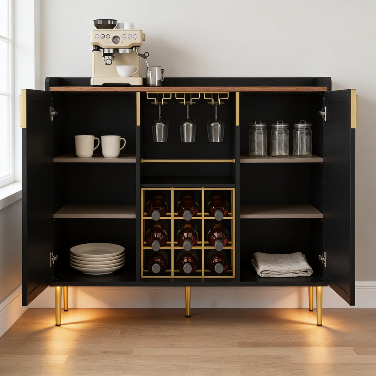 Fluted coffee bar cabinet with both end doors open, showing a shelf in each side cupboard and the open centre bay with stemware rail and wine rack.