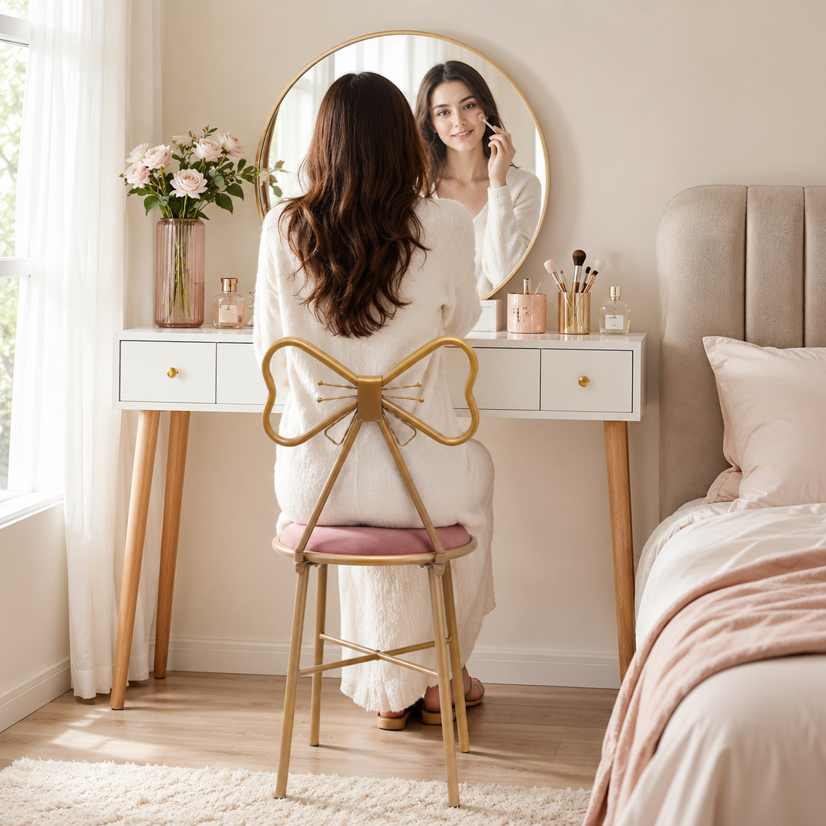Gold Butterfly-Back Velvet Vanity Chair