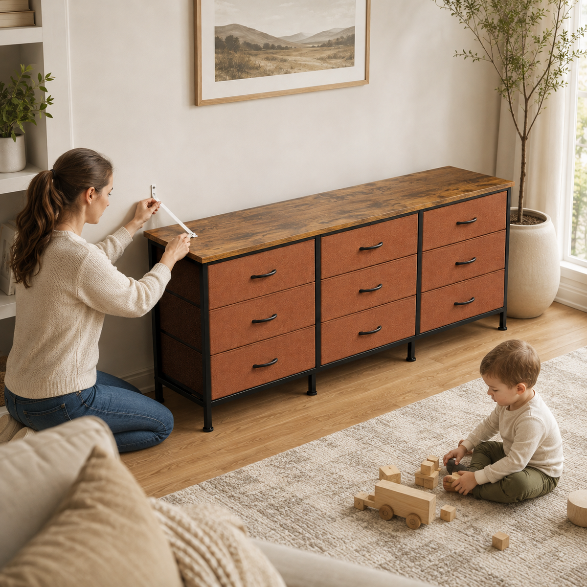 9-Drawer Fabric Dresser TV Stand