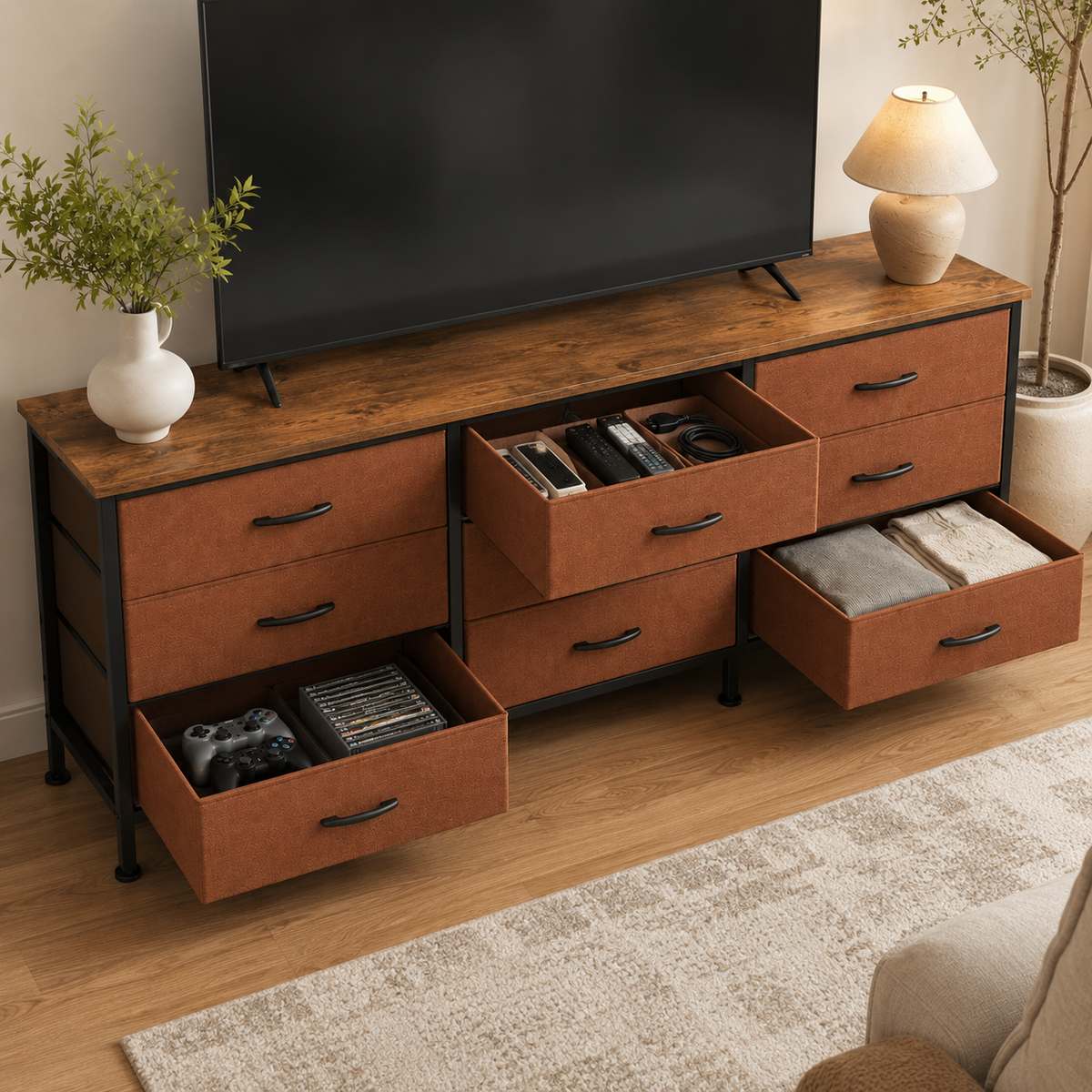 9-Drawer Fabric Dresser TV Stand