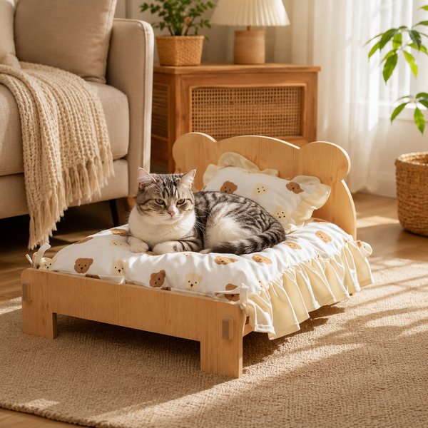 Wooden Cat Bed Frame with Bear Bedding