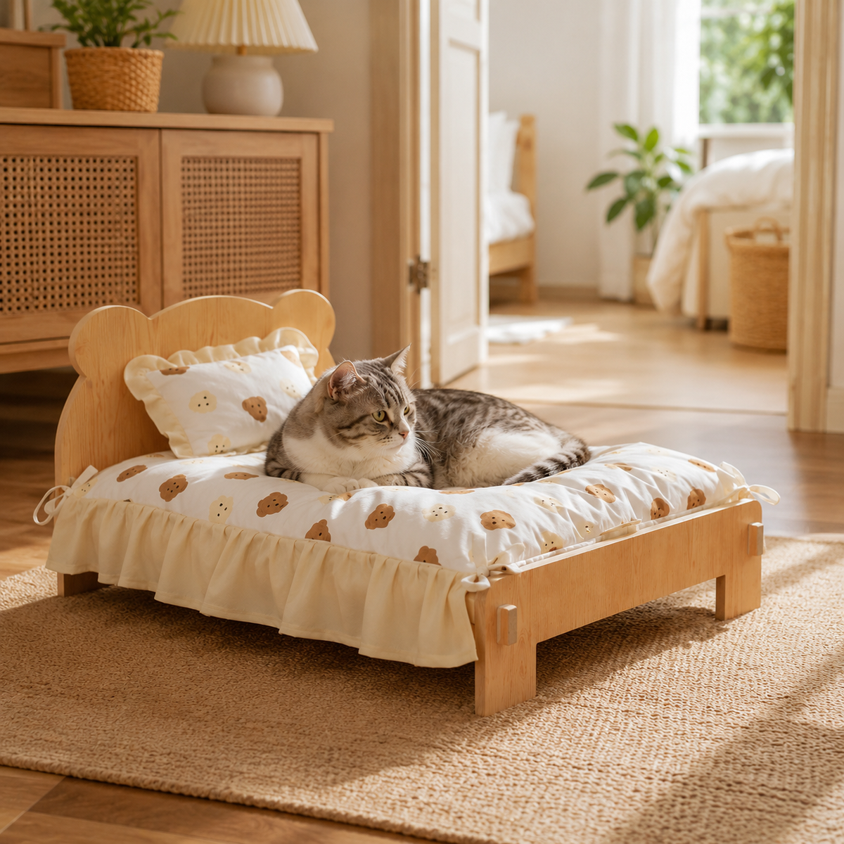 Wooden Cat Bed Frame with Bear Bedding