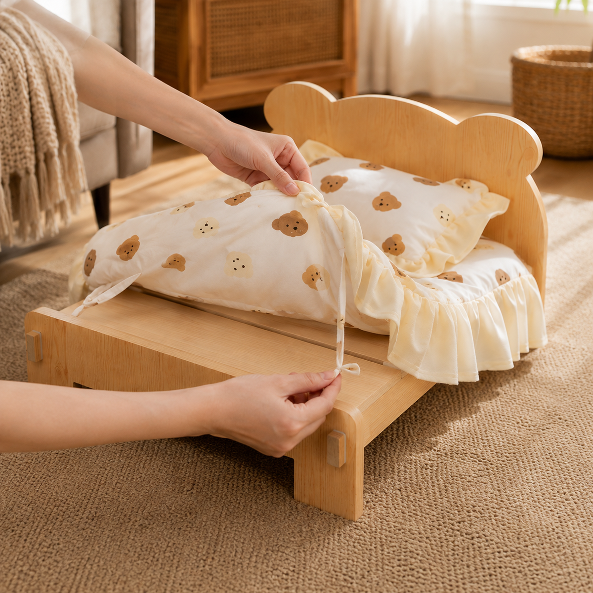 Wooden Cat Bed Frame with Bear Bedding