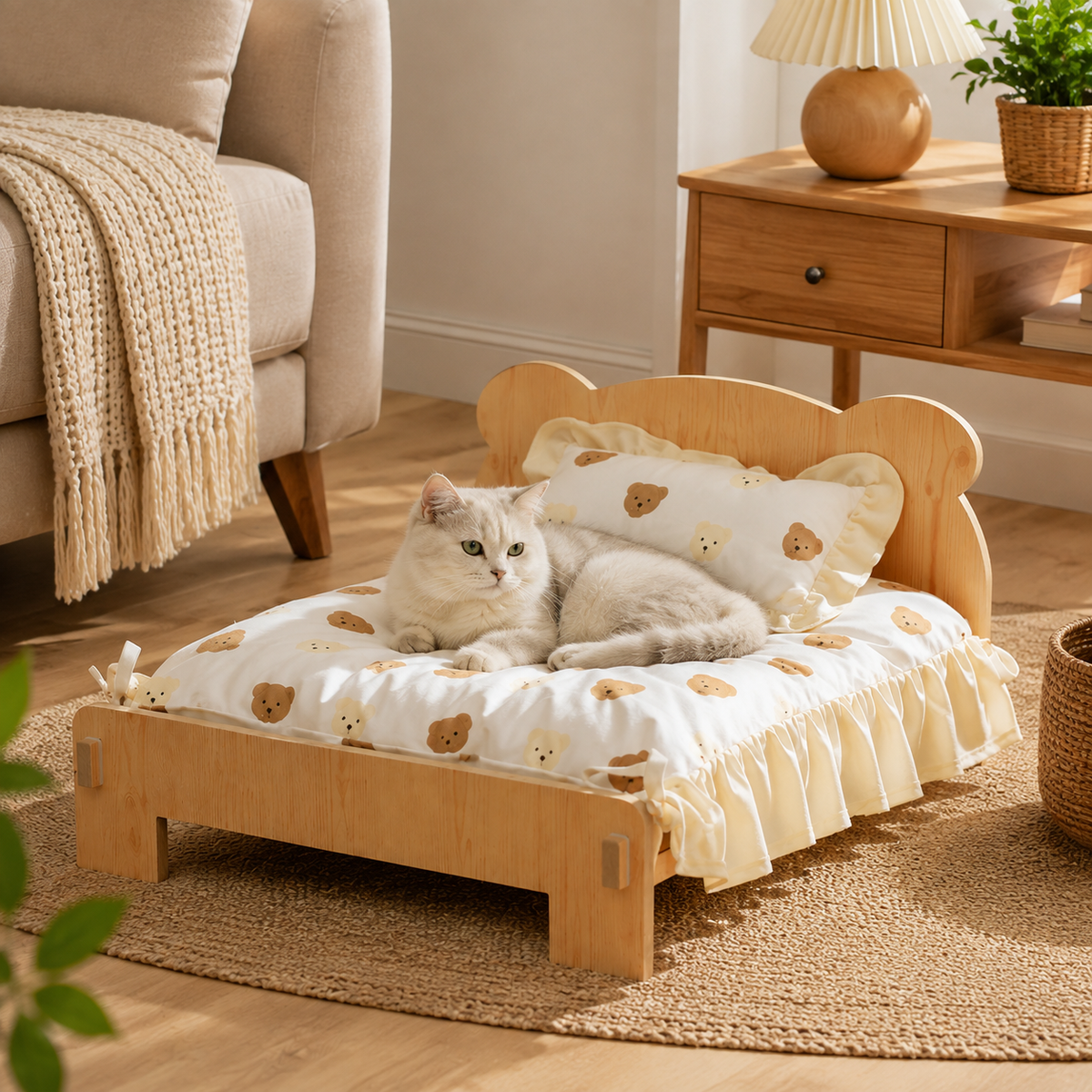 Wooden Cat Bed Frame with Bear Bedding